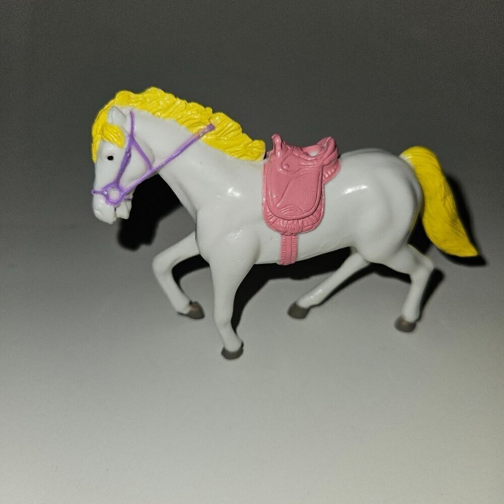 White Horse Figure PVC Toy Yellow Mane Pink Saddle Purple Bridle 4" Long